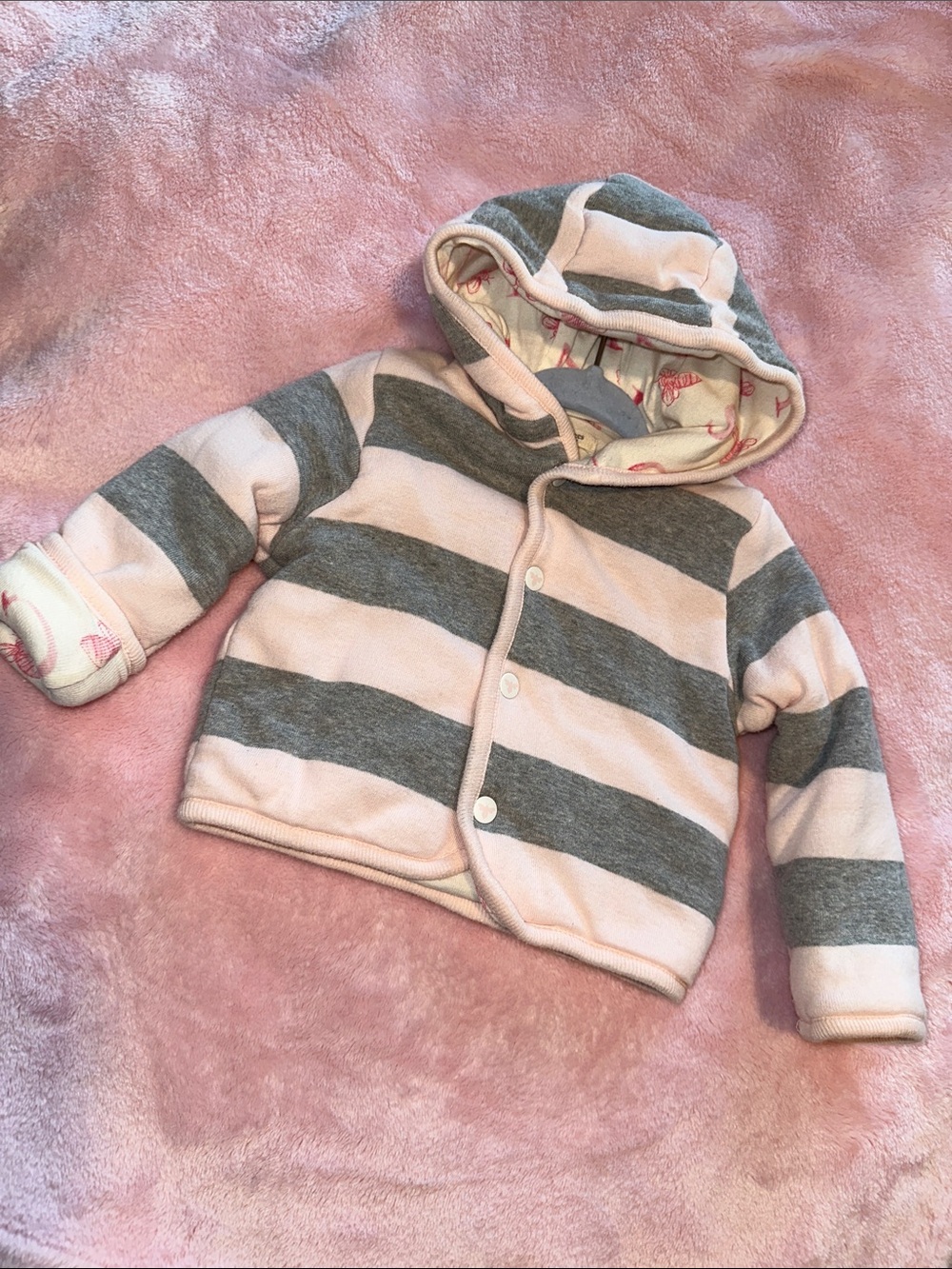 Burt’s Beed Striped Hooded Baby Jacket - Pink & Gray